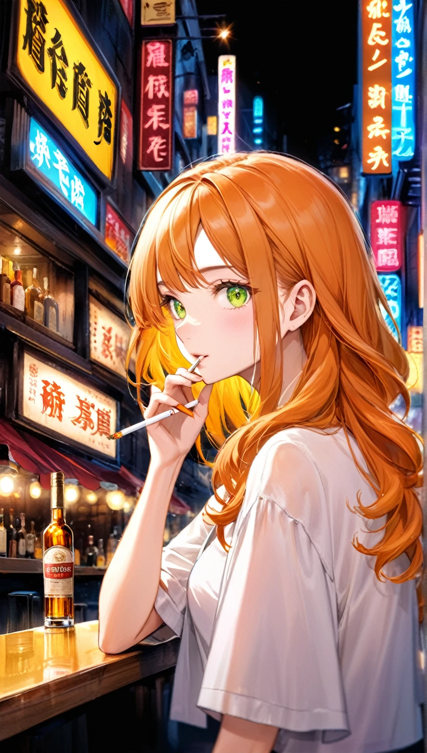 ((Highest quality,8k,32K,masterpiece,Ultra-high resolution :1.2 ),born,One person,Super cute,Natural light,Clear, shining eyes,20-year-old,Fair skin,Fantastic night city electronic world fantasy background,Orange Hair,Mature woman,Smoking a cigarette,liquor,bar,Shortcuts, Neon signboard, Fluorescent green or fluorescent orange background,Long Hair, Curled hair