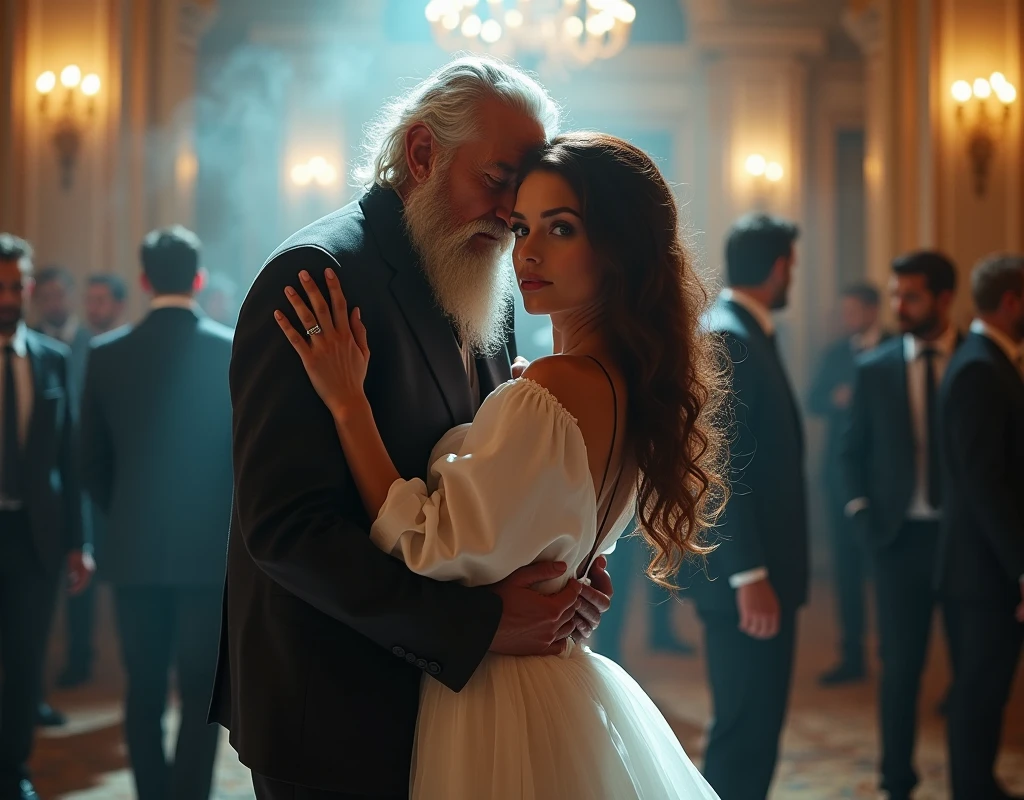 (perfect old man with torn clothes 90 years bearded),(Holding her from behind and talking in her ear),other men catching her with prancing ass,picking up in lap,white skirt swinging up, (Ballroom dancing dance hall), (low point of view:1.5), . 40k, photography, masterpiece, best quality, dark gray background, (1girl blue eyes and brown hair soon curly), big ass full breasts until waiting using, ( swinging skirt round: 1.3), (white plunging open shirt: 1.3),elderly man leaning against her from behind picking her up,assorted ass poses. Cinematic lights. Masterpiece, best quality, 8K, photo realistic, wallpaper, wallpaper 8k, photographic contest winner, Hyperrealistic art cinematic film still photography in the style of detailed hyperrealism photoshoot. [Entire scene is surrounded by lights, evoking a magical and eerie atmosphere. The lighting is bright and atmospheric, with smoke adding a touch of sinister ambiance. Best quality image, HDR enhancement, showcasing the utmost level of detail and realism]. [8K, Best Quality, Ultra High Resolution, (highly detailed CG unity 8k wallpaper), (best photo), (best shadows), isometric 3D, octane rendering, ray tracing, highly detailed, (Best quality, 4K, 8k:1.2), absurdity, ultra detailed, (realistic, photorealistic, photorealistic:1.37), complex parts, HDR, (complex parts:1.12), (hyper detailed, hyper realistic, Soft lighting, spicy:1.2), (complex parts, Hyper detailed:1.15). Blurred foreground. (backlit), masterpiece, high quality, brightness, chromatic aberration, foggy smoke, shadows, contrast, clear sky, (warm hue, warm tone), high details, natural reflections].