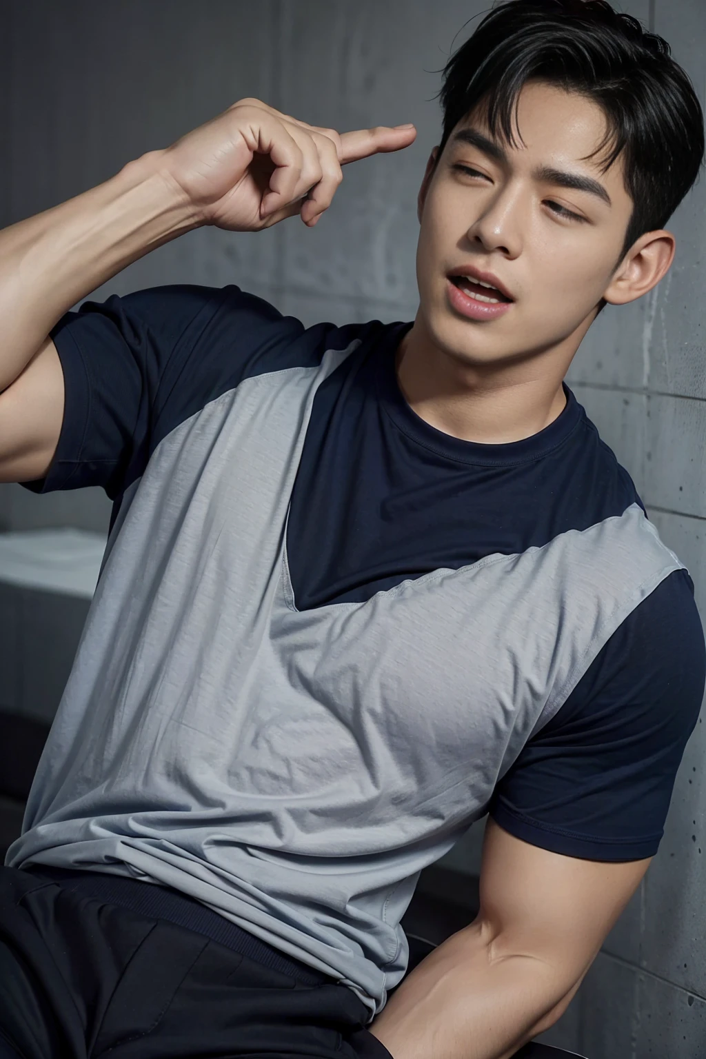 (Create a masterpiece: 1.2),(CGI art:1.3),(realistic:1.5),(After processing:1.3), (Sharp focus:1.3), 1 man, open mouth, smile, (Navy blue round neck t-shirt:1.3), Navy cargo pants, Korean guy , korean men, (High gloss details), chest muscles, large arm muscles, blood vessel, Big muscles, Broad shoulders, looking at the audience, Balancing the eyes, bedroom, Close your eyes.,(open mouth:1.1)
