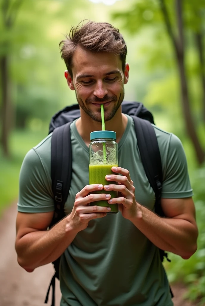 MAN DRINKING A SMOOTHIE IN A PORTABLE MINI BLENDER