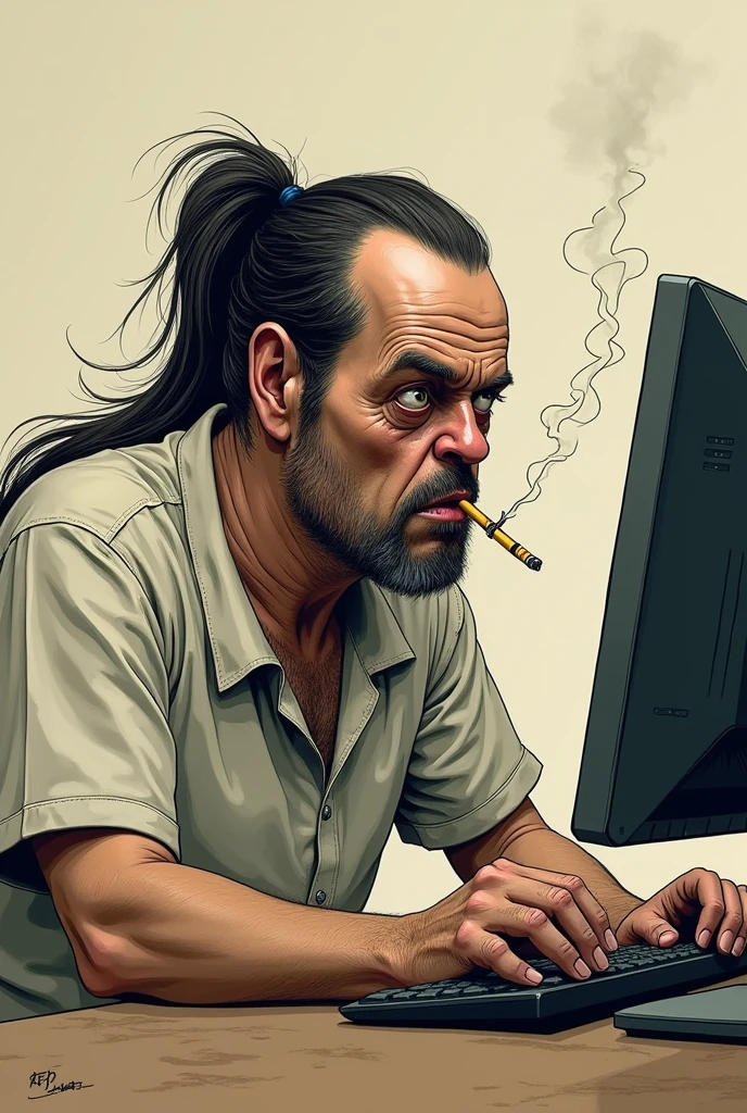  Ugly man with tied hair smoking in front of the computer, illustrative drawing

