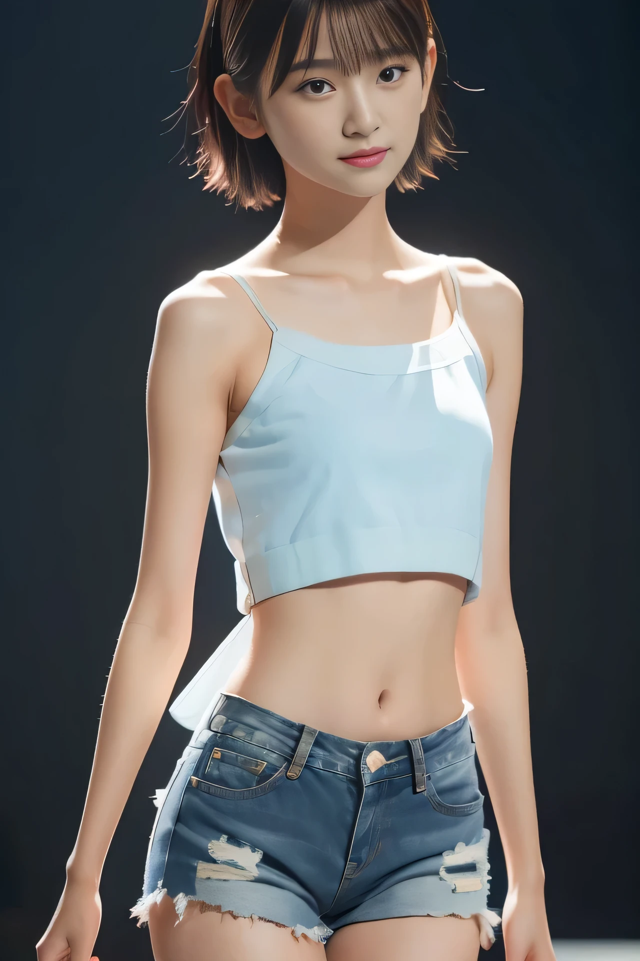Photorealistic, Ultra-detailed, (Best Quality, 8K, 32K, masterpiece, UHD:1.2), Photo of 19yo pretty Japanese model walking the runway of a fashion show, (pale blue camisole, cutoffs, bare shoulders), navel, midriff, stomach, low-rise denim shorts, delicate figure, skinny, flat chest, narrow waist, blurry background, blurry, short hair, stage, runway, backlighting, stage lights, rays, angry, from below,
