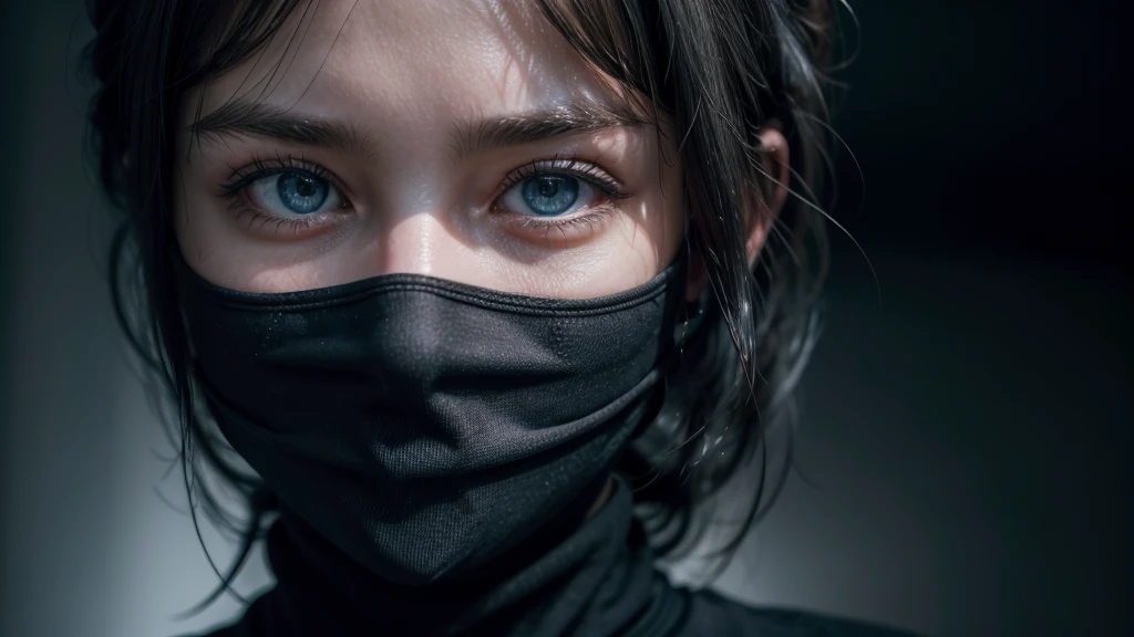 One woman, approximately 25 years old, lightweight black clothing, wearing a prominently visible balaclava. She has striking blue eyes, adding to the atmosphere. The woman is depicted from the waist up, in random, beautiful locations and in various natural poses. Her face and other visible parts of her body are rendered with maximum detail and high quality. The background and her pose are randomly generated, creating a unique and unpredictable scene with a sense of mystery and solitude. The image features soft, diffused lighting and a shallow depth of field, enhancing the overall mood.
