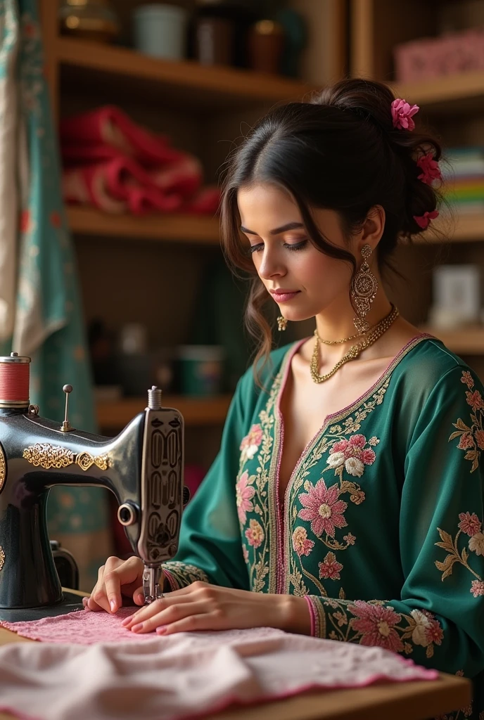 A one boutique girl,suit embroidered suit stitching, small shop, logo a one boutique, shlwar kameez, stitch machine