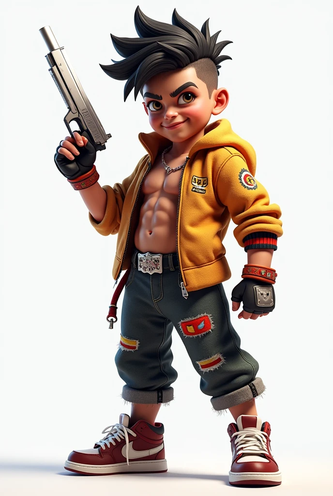 7 years old boy gangster white gun funky pack abs white bodybuilder and handsome boy image generator