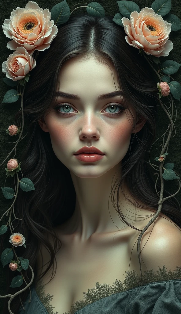 A captivating portrait of a woman with smoky eyes and glossy lips, surrounded by intricate floral designs and fractal elements.