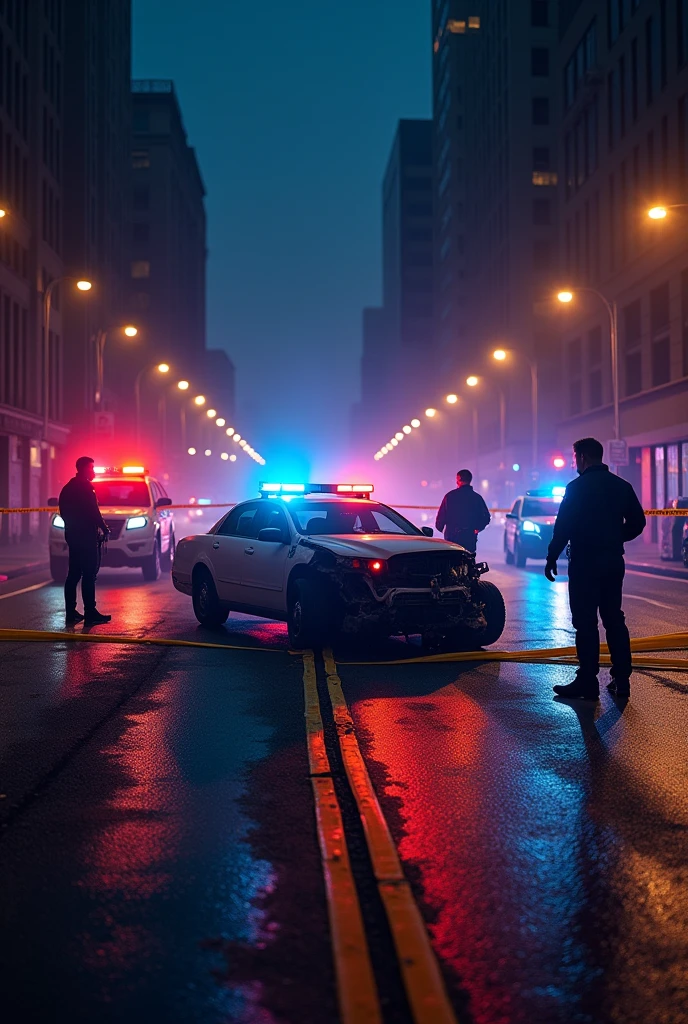 Car crashed on the street with yellow tape around the street with police car and ambulance at night