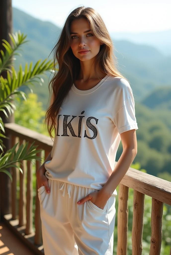 (photorealism:1.2), beautiful woman 35yo(so curvy body), standing in the balcony, wearing white printing t-shirts(text IKIS) and white pajama pants, long hair, beautiful view panorama, detailed, relaxed wakeup from sleeping pose, realistic, intricate details, bright colors