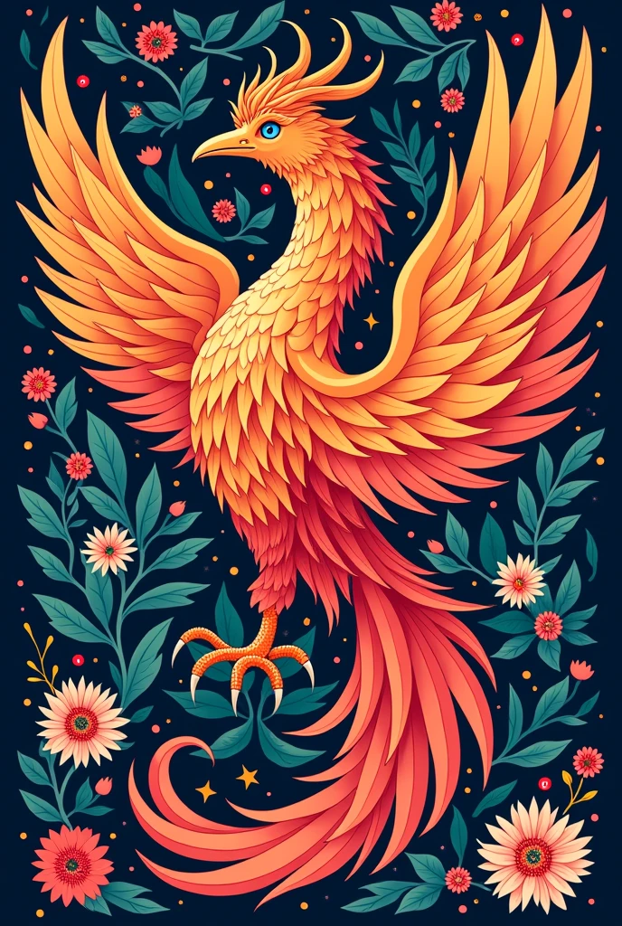 a back cover with colorful and eye-catching designs, where a phoenix design appears in the middle of the image, but it doesn't have to be so big, a medium size is fine., It doesn't have to take up the entire image, since you have to notice the designs around the bird, The colors used must be in accordance with the phoenix, having to be complementary