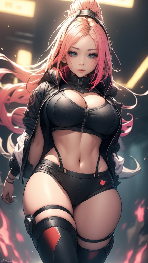 A cyberpunk girl with long two-side-up hairstyles,big tits,large thigh,colorful hair, vivid and detailed eyes, extremely high-resolution, masterpiece, high-saturation, very detailed, complex and fine details, highly realistic and detailed, dynamic angle, neon light source, futuristic city, wearing a hoodie, denim shorts, boots, thigh-high socks, wind blowing, dynamic pose, fighting game style, high-sense