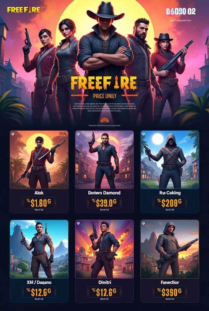 Create a price list for top-up diamonds in the Free Fire game along with the character images.
