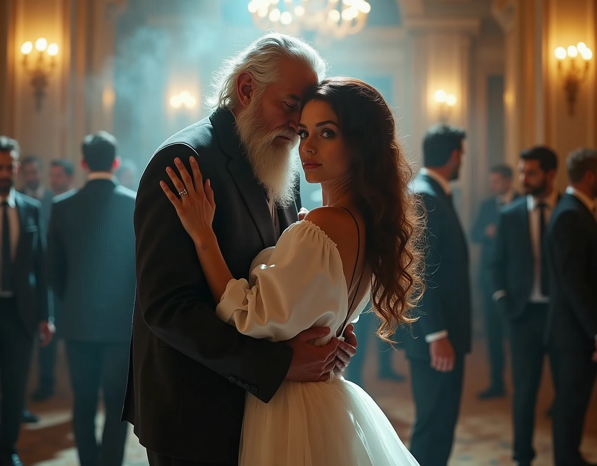 (perfect old man with torn clothes 90 years bearded),(Holding her from behind and talking in her ear),other men catching her with prancing ass,picking up in lap,mini white skirt swinging up, 40k, photography, masterpiece, best quality, dark gray background, (1girl blue eyes and blonde hair soon curly), big ass full breasts until waiting using, (mini sexy swinging skirt round: 1.3), (white plunging open shirt: 1.3),elderly man leaning against her from behind picking her up,assorted ass poses.