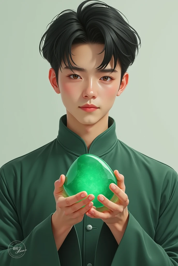 A young guy holding a jreen jade