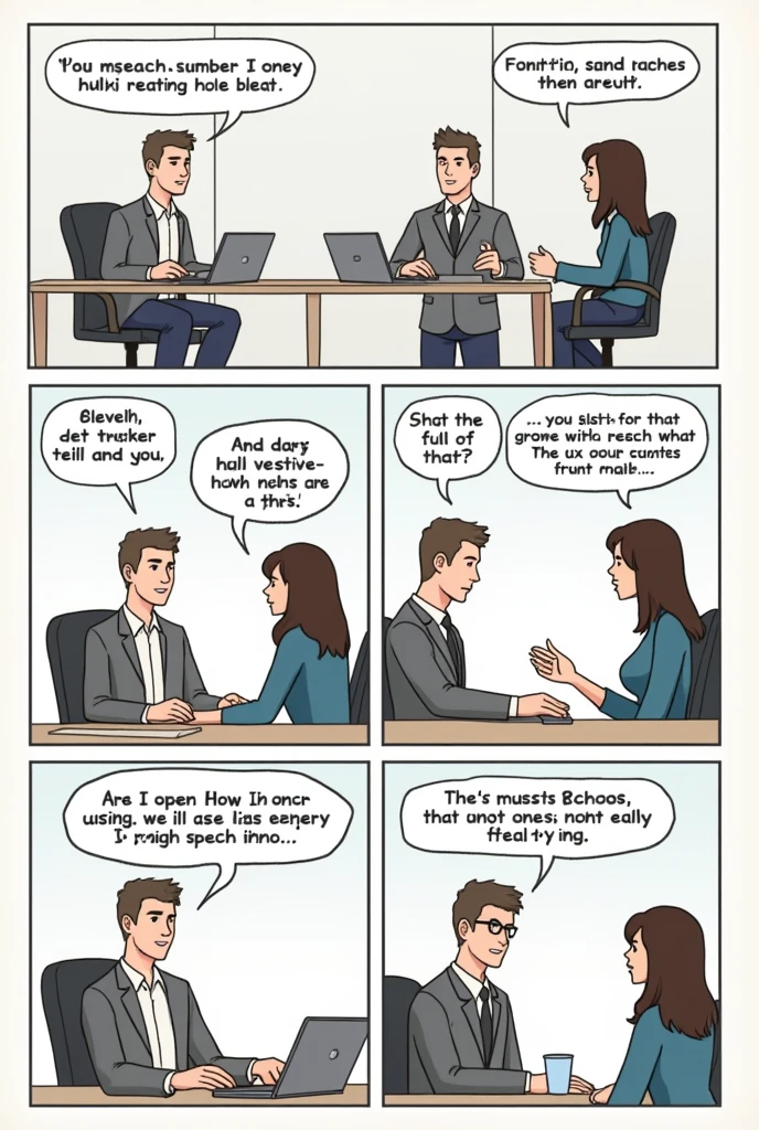 6-framed comic strip
Frame 1:
Setting: Office meeting room.
Characters: Alex (team leader) and Jamie (team member).
Dialogue:
Alex: "Let's discuss the new project. Any questions so far?"
Jamie: "None."
Frame 2:
Setting: Same meeting room.
Dialogue:
Alex: "Great. Remember, our strategy is to ensure clarity. Feel free to ask questions if you're unsure about anything."
Frame 3:
Setting: Jamie's desk.
Dialogue:
Jamie (thinking): "I’m not sure about the deadline details, but I don’t want to interrupt."
Frame 4:
Setting: Jamie’s desk.
Dialogue:
Jamie: (sends an email) "Hi Alex, could you clarify the deadline for the first draft?"
Frame 5:
Setting: Alex’s desk.
Dialogue:
Alex (replying): "Sure, the deadline is two weeks from today. Thanks for asking."
Frame 6:
Setting: Jamie’s desk.
Dialogue:
Jamie (smiling): "Got it. Clear communication helps avoid misunderstandings!"
This comic strip shows how Jamie, initially hesitant to ask questions, uses email to seek clarification, reinforcing Alex’s strategy of encouraging clear communication to prevent breakdowns