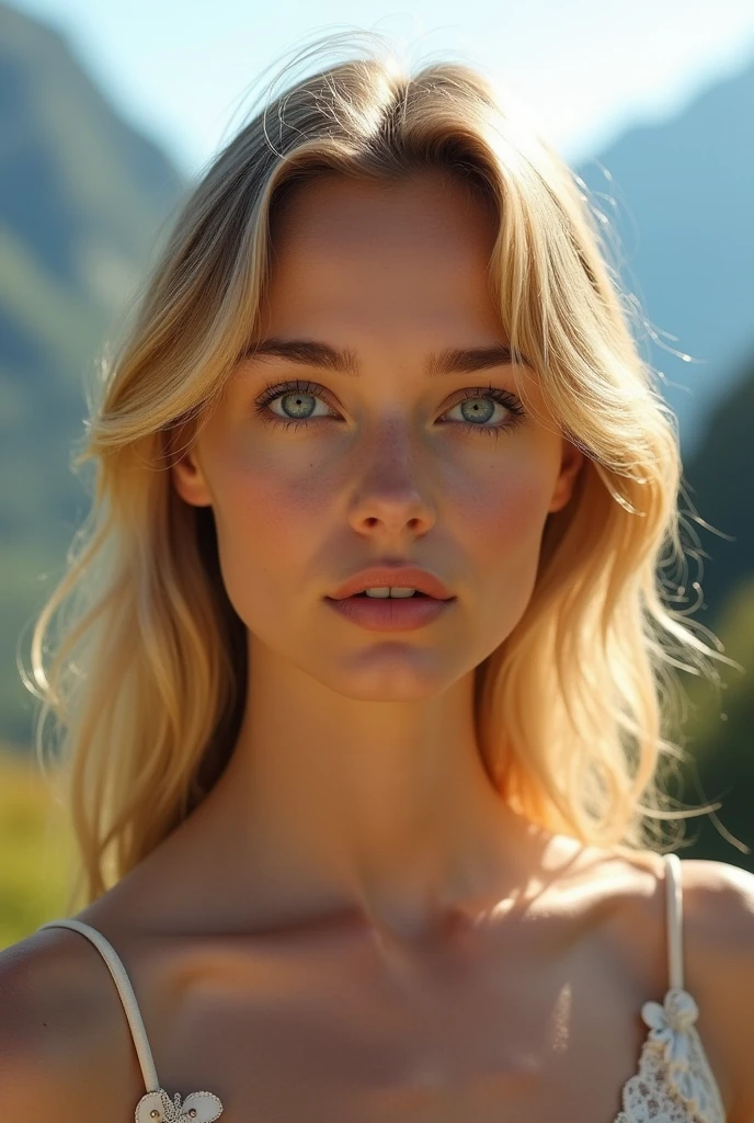 Belle fille européenne aux blue eye et aux cheveux blonds, On the mountain, dress lightly but not too lightly., sunny , photo par devant, ultra high resolution, (Photorealistic: 1.4), high resolution , (finely detailed skin), (blue eye), (Des proportions parfaites) (Realistic photos) (head of'artwork) (Photorealistic), Ultrarealistic (best quality) (detailed) Photographié avec un Canon EOS R5, objectif 50 mm, F/2.8, (8k) (Background'screen) (Cinematic lighting) (Dramatic lighting) (complexe) vogue. pour instagram