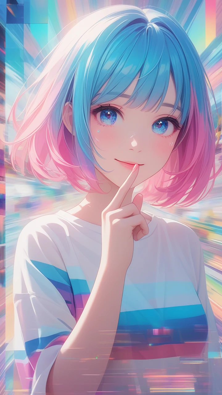 masterpiece, best quality, super wide angle, finger audience, 1girl, pink and blue hair, hand, cute anime face, tears, transparent color PVC clothing, transparent color vinyl clothing, whole body, glitchlump}onface, smile,medium hair, film grain, lens flare, colorful,chromati caberration, dynamicpov, closed mouth, Intense emotional expression:death, glitchart, ultra detailed, extremely delicate and beautiful, album cover, album, album description, Pixilation on face, Double exposure, Chromatic Aberration, Light leaks, Noise and grain, Color degradation, Glitch lettering, art, abstractart, geometry, clear lines, squares, bright, limited palette,{canonical composition}, neat diagonal striped background, {{blue with white striped background}},{limited palette}, flatvcolored,blue and white,