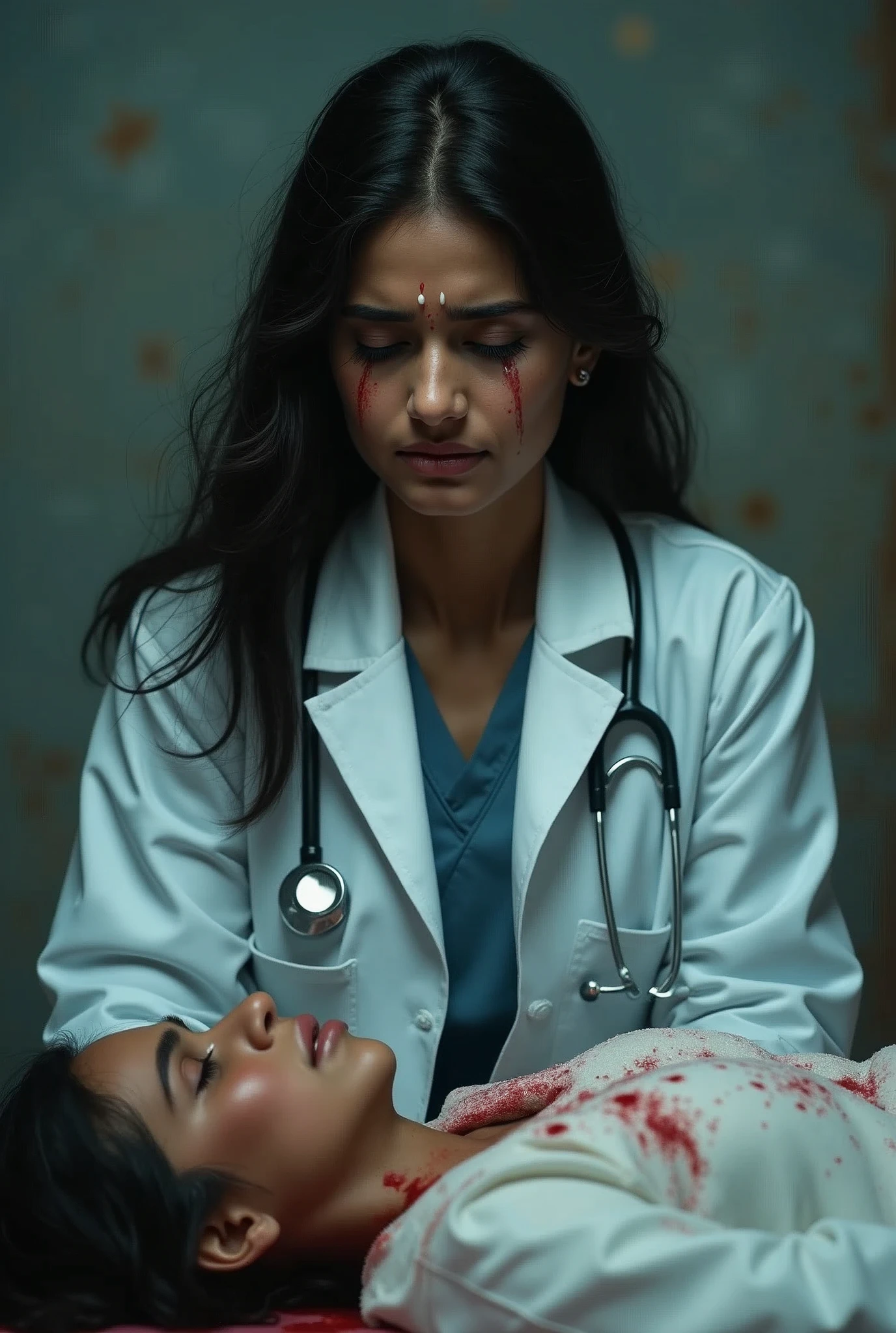 Indian nurse shouting and crying badly with face blood