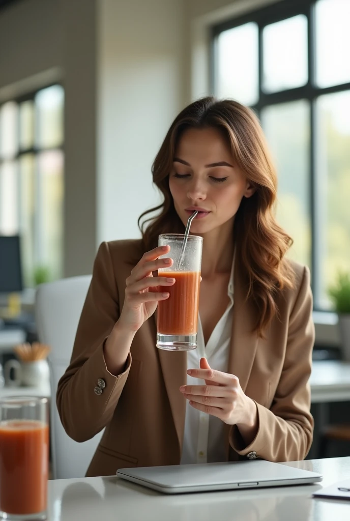 WOMAN IN OFFICE DRINKING A SMOOTHIE IN A PORTABLE BLENDER