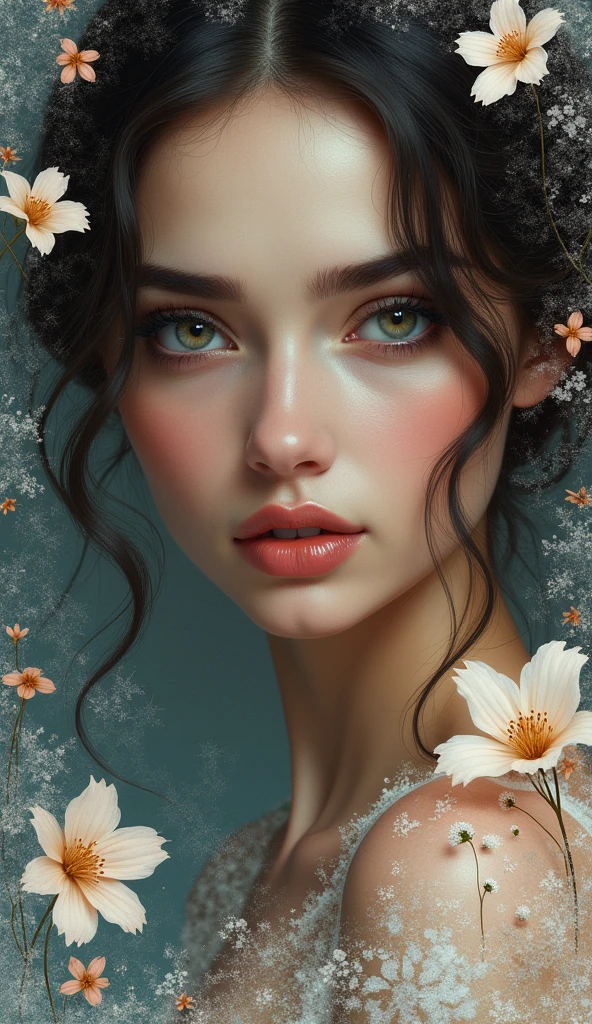 A captivating portrait of a woman with smoky eyes and glossy lips, surrounded by intricate floral designs and fractal elements.