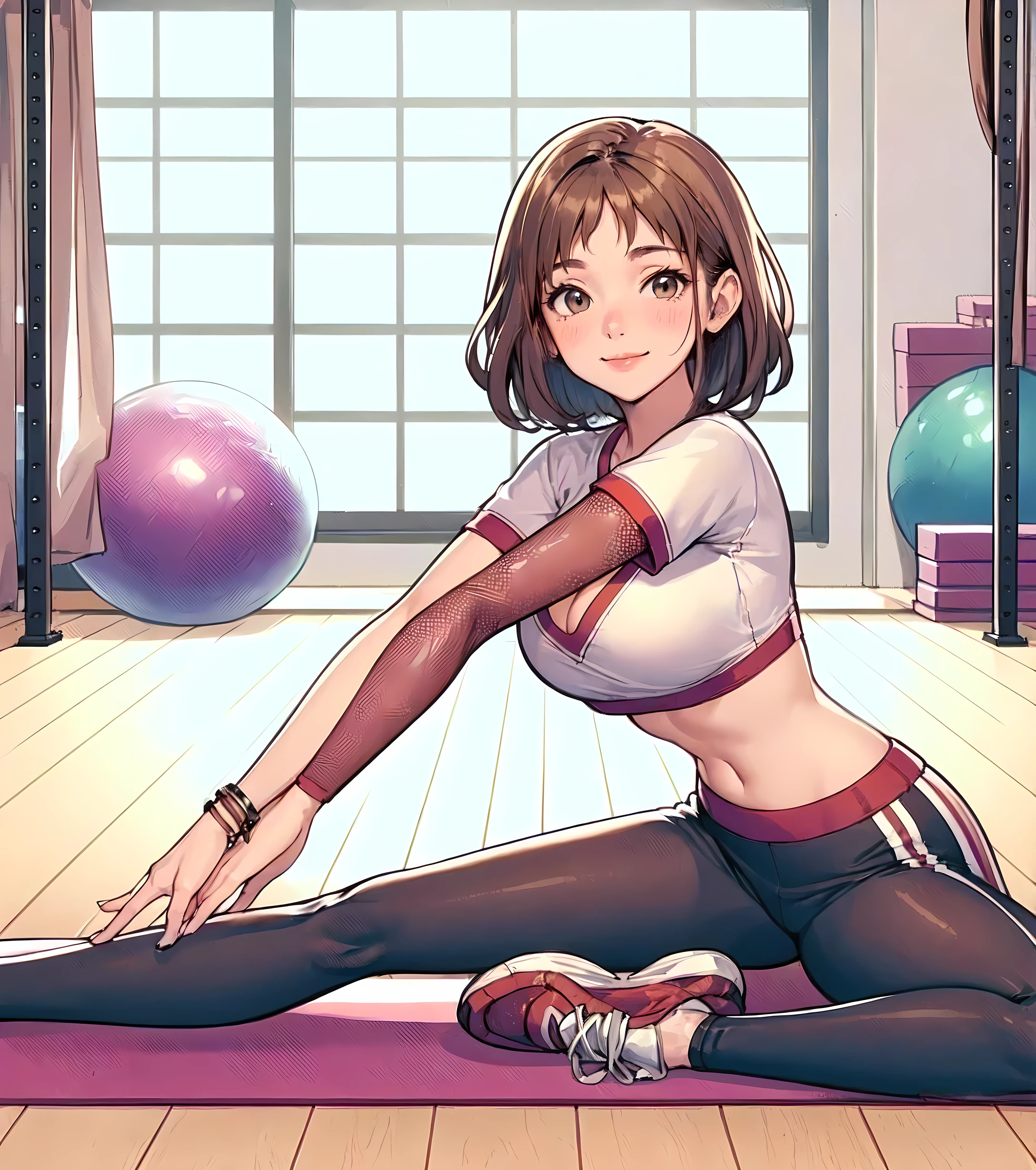 1lady solo, (stretching on yoga mat:1.2) (flexible posing), (stylish gym outfit) (cropped top) (yoga pants), mature female, /(light brown hair/) bangs, blush kind smile, (masterpiece best quality:1.2) delicate illustration ultra-detailed, large breasts BREAK (fitness gym) indoors, various fitness equipment, energetic, detailed background