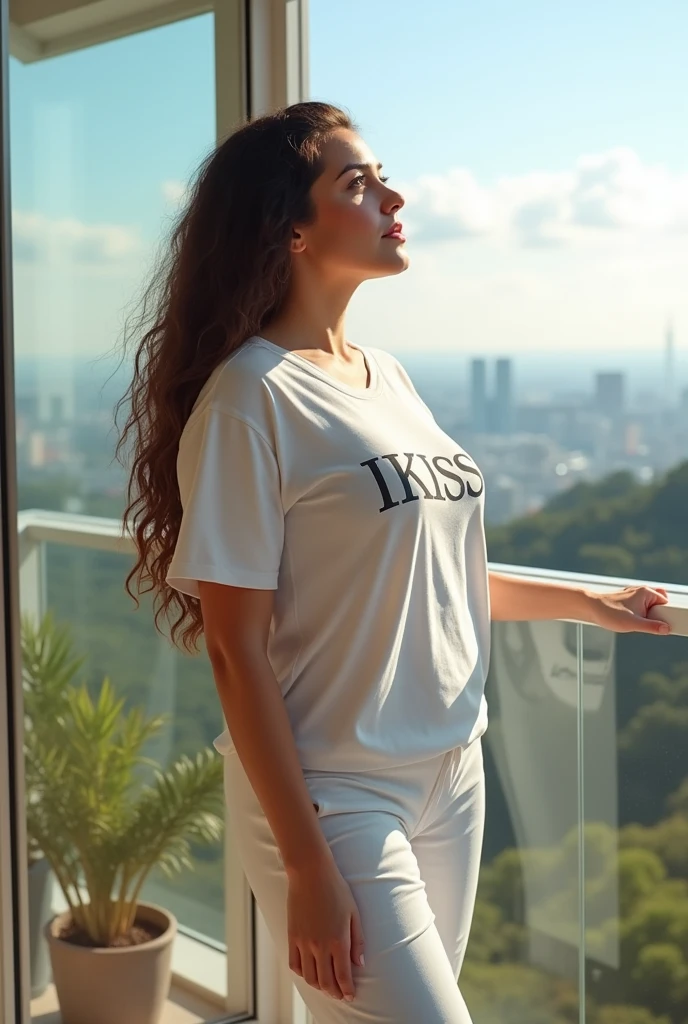 (photorealism:1.2), beautiful woman 35yo(curvy body), standing in the balcony, wearing white printing t-shirts(text IKIS) and white pajama pants, long hair, beautiful view panorama, detailed, relaxed wakeup from sleeping pose, realistic, intricate details, bright colors