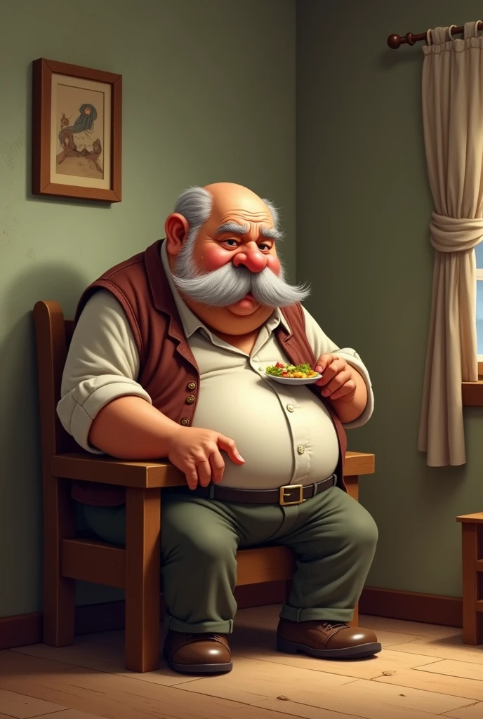 Fat and bald grandfather eating on a small chair