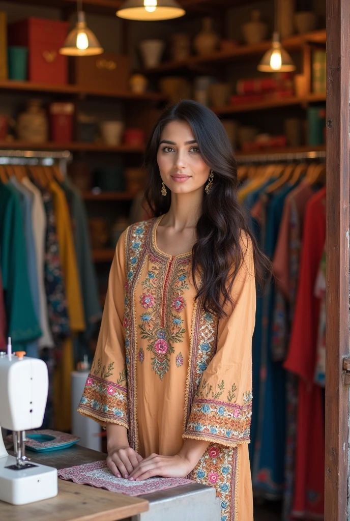 A one boutique girl,suit embroidered suit stitching, small shop, logo a one boutique, shlwar kameez, stitch machine A one boutique