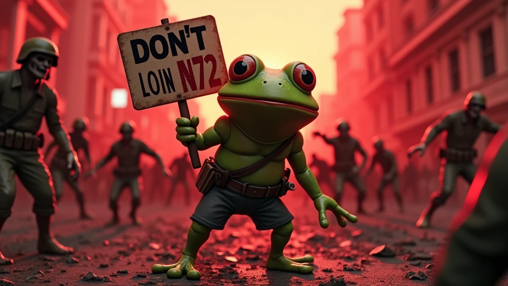 A CGI scene of a pepe the frog zombie apocalypse, with intense action and tension. Survivors are battling undead, surrounded by a chaotic cityscape in ruins. Pepe the frog is the main character, holding a sign that says "DON'T JOIN N72". The lighting is dramatic with dark shadows, intense contrast, and dark red tones. Created using high-resolution CGI rendering, cinematic composition, gritty textures, dynamic poses, realistic zombie details, epic atmosphere, and detailed post-apocalyptic setting. 