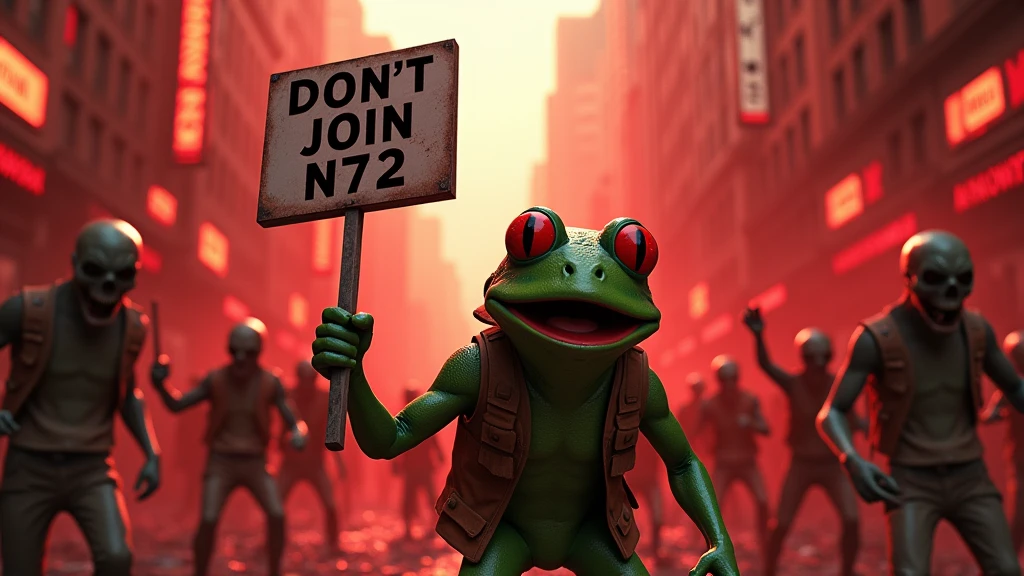 A CGI scene of a pepe the frog zombie apocalypse, with intense action and tension. Survivors are battling undead, surrounded by a chaotic cityscape in ruins. Pepe the frog is the main character, holding a sign that says "DON'T JOIN N72". The lighting is dramatic with dark shadows, intense contrast, and dark red tones. Created using high-resolution CGI rendering, cinematic composition, gritty textures, dynamic poses, realistic zombie details, epic atmosphere, and detailed post-apocalyptic setting.