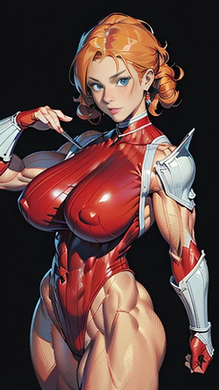 masterpiece, Highest quality, SF Juni, Orange Hair, blue eyes, Have, tie, Red gloves, ribbed bodysuit,  (((((((muscular))))))), ((thick thighs)), ((Huge breasts)), (((((((Woman))))))), ((((A MILF)))),  ((((Japanese armor)))), (((Red armor))), (Leotard), (((wide hips))), ((greybackground)), (Shiny skin),