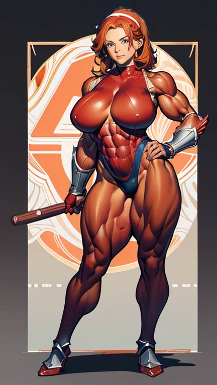 masterpiece, Highest quality, SF Juni, Orange Hair, blue eyes, Have, tie, Red gloves, ribbed bodysuit,  (((((((muscular))))))), ((thick thighs)), ((Huge breasts)), (((((((Woman))))))), ((((A MILF)))),  ((((Japanese armor)))), (((Red armor))), (Leotard), (((wide hips))), ((greybackground)), (Shiny skin),