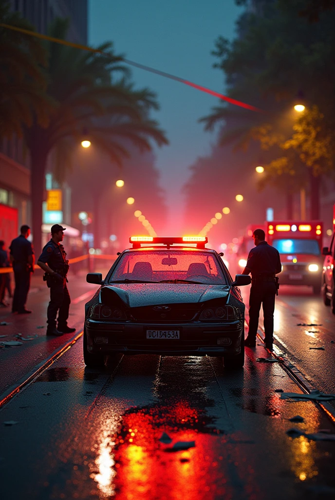 Car crashed on the street with yellow tape around the street and ambulance at night