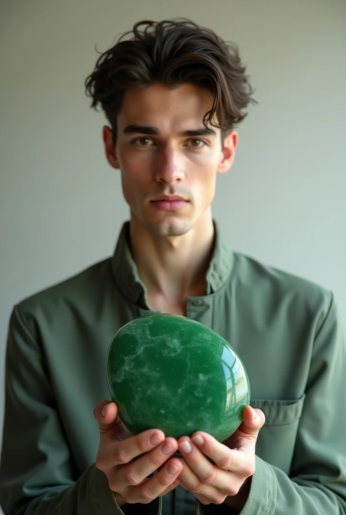A young europian guy holding a jreen jade
