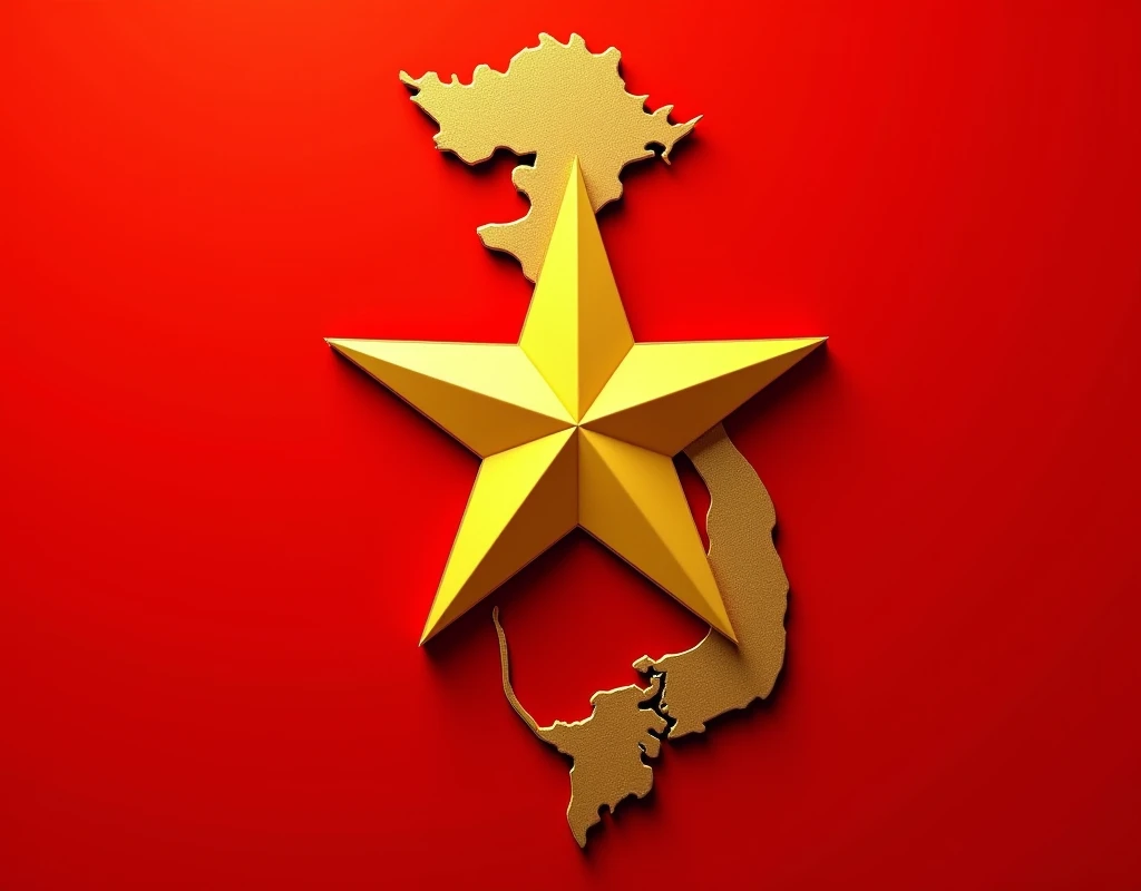 Vietnamese national flag combined with the map of Vietnam
I want it to be the national flag shape
Red background , The golden star and the map are combined in a way that is small and harmonious.
The star is embossed while the map is faded and pale.
The star is 3D style. 