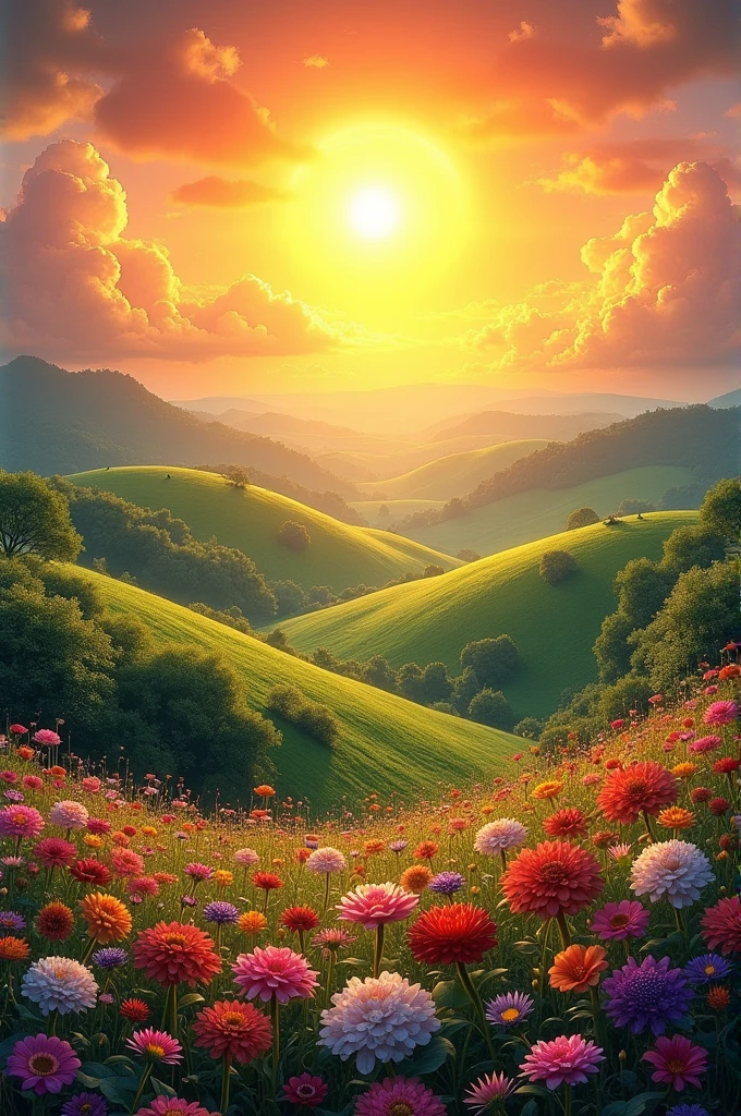 Rising sun with lots of growing flower.