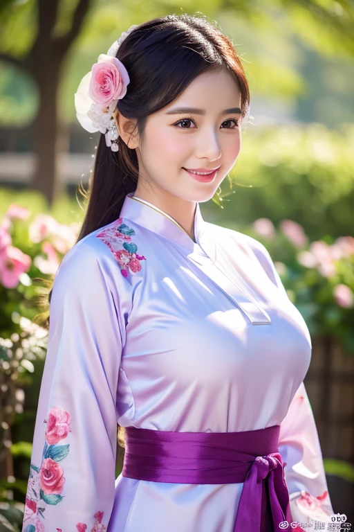 Traditional clothing ,purple Ao Dai, Ao Dai, Vietnamese girl, Vietnam, Vietnamese, satin, cute, Big smile , Long Hair, Realistic lighting, Delicate face, cute表情, Perfect body anatomy,最high quality, 8k resolution , whole body , Realistic , Real Humans , high quality, shiny Ao Dai , Realistic , Cinematic, beautiful , satin aodai, 22-year-old girl, Face and eyes beautifully rendered in detail,Beautiful woman, Floral, Flowers, Floral design, Floral, cute女性、Big Breasts、kimono