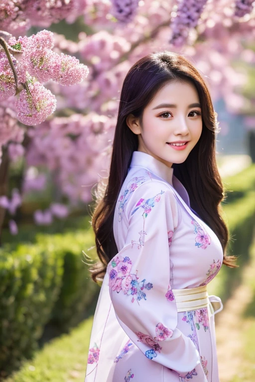 Traditional clothing ,purple Ao Dai, Ao Dai, Vietnamese girl, Vietnam, Vietnamese, satin, cute, Big smile , Long Hair, Realistic lighting, Delicate face, cute表情, Perfect body anatomy,最high quality, 8k resolution , whole body , Realistic , Real Humans , high quality, shiny Ao Dai , Realistic , Cinematic, beautiful , satin aodai, 22-year-old girl, Face and eyes beautifully rendered in detail,Beautiful woman, Floral, Flowers, Floral design, Floral, cute女性、Big Breasts、kimono