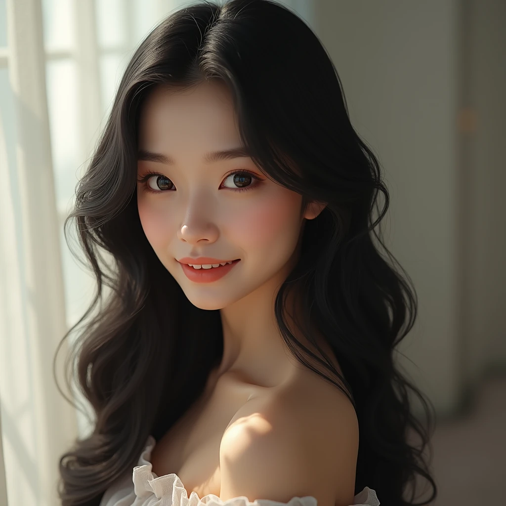 Long Hair　beautiful girl　Asian　Black Hair　gloss々　Long Hair, Gaze, smile, 