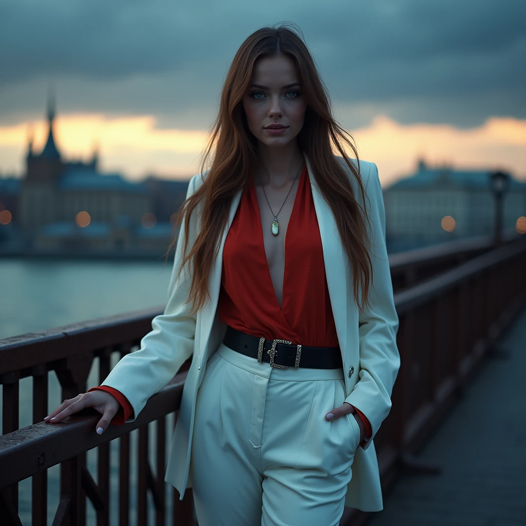 Very beautiful Slavic woman, pale skin, long light brown hair, A Necromancer, light shadow effects, white trouser suit without unnecessary details, Red blouse, black wide leather belt, photo, crap, sun glare, Against the background of a metal bridge near the shore, water, The city, sun, sundown, Low storm clouds, indigo, photo, slight smile, body complet, sharp-focus, dynamic sexy pose, professional photograph the photo was shot on a Sony Alpha a7R IV camera and a Sony FE 85mm f/1.8 lens, aperture f/1.8, shutter speed 1/125s, ISO 800. swirling bokeh, sharp-focus, high skin detail, sharpness, Character portrait, perfect lighting, tmasterpiece, Detailed background, Movie Lighting, 8k
