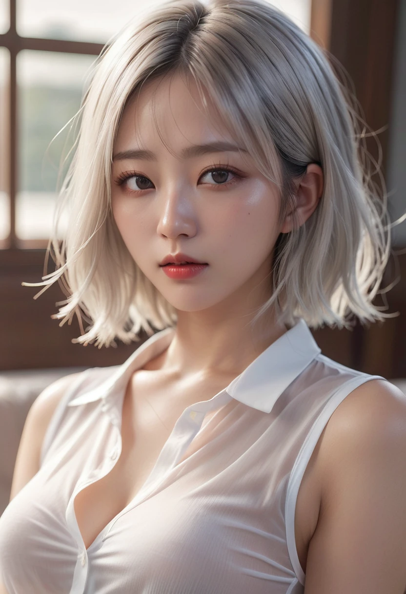 Realistic, High resolution, 1 person, White Wavy Hair, Korean, heterochromatic eyes, Small mole under eye, A loose white sheer shirt, See-through shorts, Large Breasts, Thighs, A masterpiece where you can see the underwear, realism