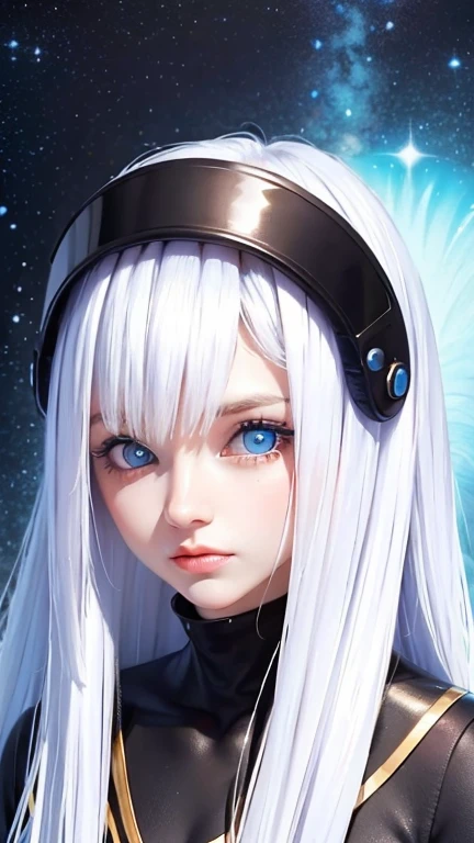 woman ,Golden white hair,blue eyes,,,Black space suit