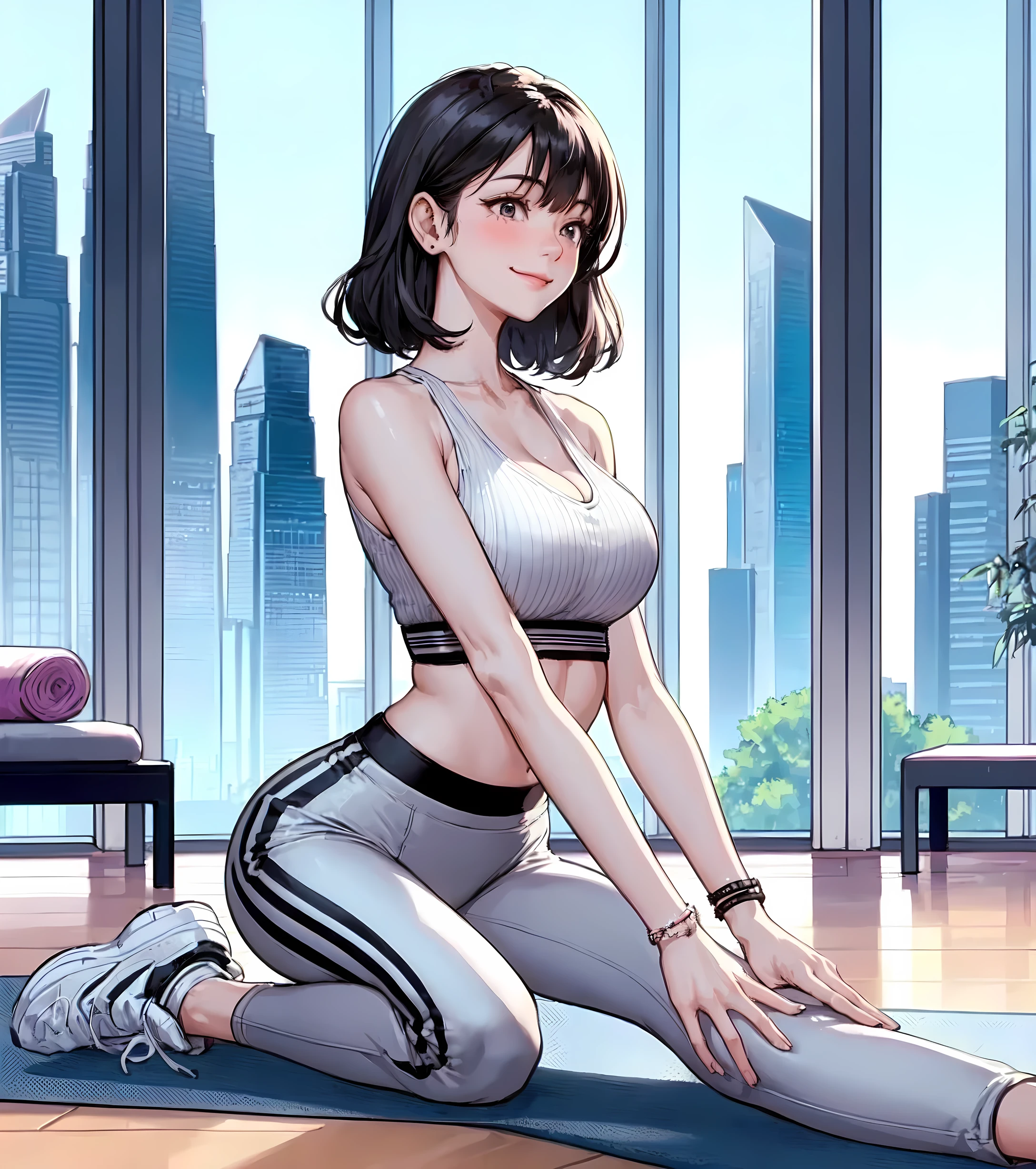 1lady solo, (stretching on yoga mat:1.2) kneeling, (stylish gym outfit) (cropped top) (yoga pants), mature female, /(black hair/) bangs, blush kind smile, (masterpiece best quality:1.2) delicate illustration ultra-detailed, large breasts BREAK (fitness gym) indoors, various fitness equipment, energetic, detailed background
