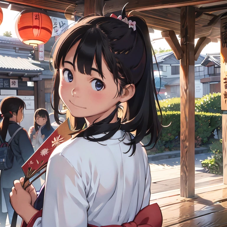 ２People Girl、Sparkling Eyes、Naive girl、shrine、summer night、Japan Summer Festival、stall、Lantern、(kimono、Girl in Yukata、A girl holding a fan)、shrineの境内を並んで歩いている、smile、Red cheeks、slender、Looking up、Tilt your head、ponytail hair, cowboy shot, flont view, front shot, looking at viewer, (detail hair, detail face, detail face)