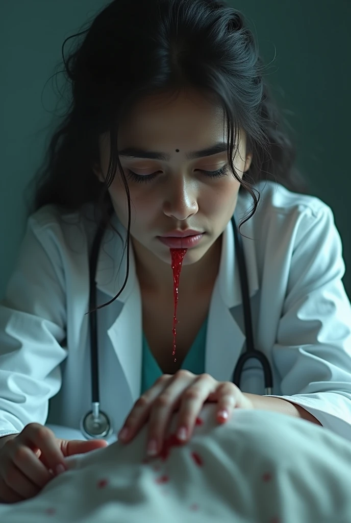 Indian, innocent, Female ,Doctor, angel, crying, tears, blood, injured, frown , sethocsope, white coat. Sad, begging for justice , looking at her own dead body and crying , tears