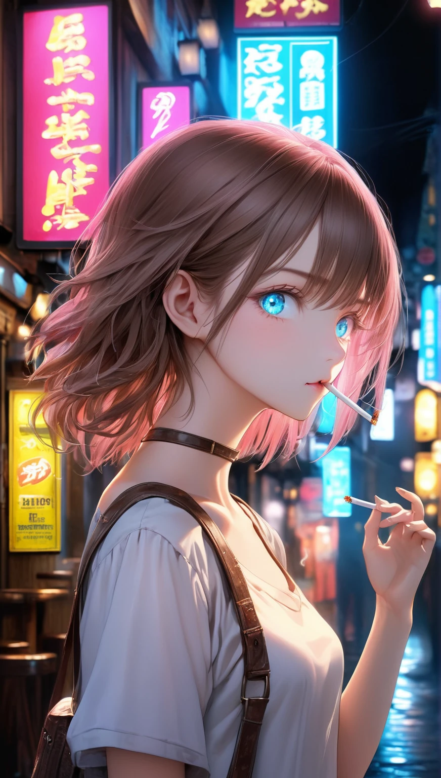 ((Highest quality,8k,32K,masterpiece,Ultra-high resolution :1.2 ),born,one person,Super cute,Natural light,Clear, shining eyes,20-year-old,Fair skin,Fantastic night city electronic world fantasy background,Brown Hair,Mature woman,Smoking a cigarette,liquor,pub,Shortcuts, Neon signboard, Fluorescent pink and fluorescent blue background,Fine to the smallest detail,The level of detail in the background is top-notch.,Fantastic Background,unrealistic,Background beauty,Artistic