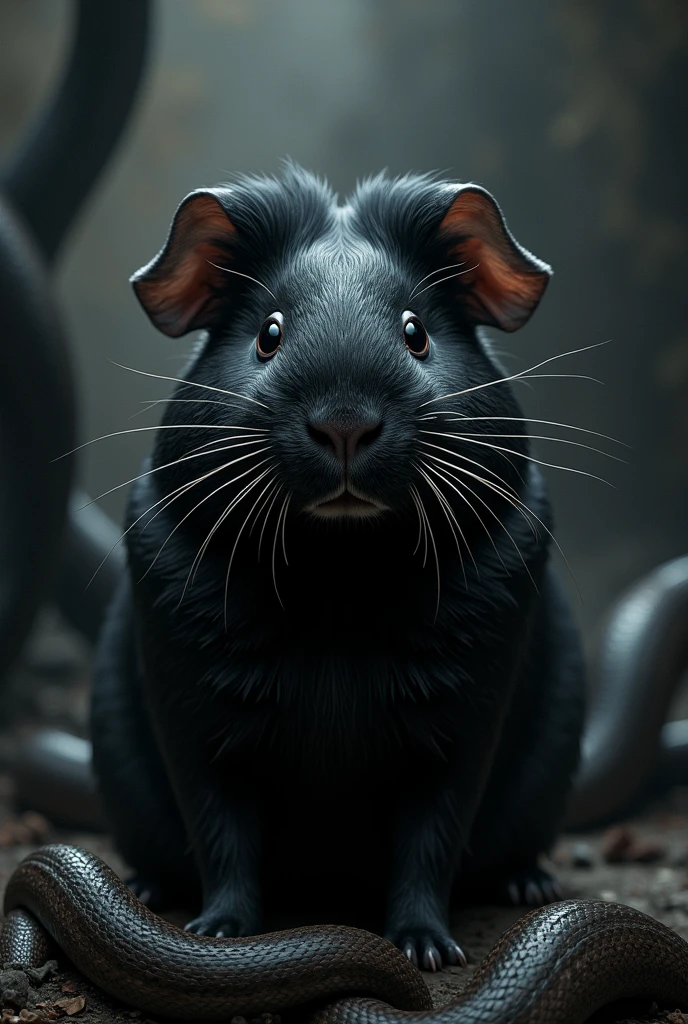 A guinea pig in black against a background with snakes