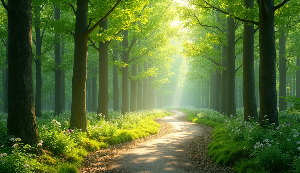 Walkway in a green spring beech forest. Beautiful natural tunnel. Atmospheric landscape. Eco tourism, travel destinations, environmental conservation, pure nature