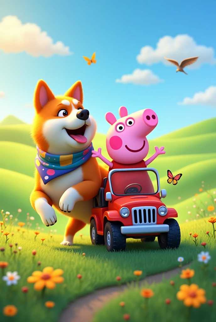 A cheerful Akita dog, with a glossy coat of warm caramel and white fur, joyfully navigates a vibrant grassland while playfully wearing a colorful scarf around its neck. Beside it, the beloved character Peppa Pig, with her signature pink hue and gleeful expression, sits comfortably in a stylish, small off-road vehicle, her arms raised in excitement as they soar across the open prairie. The expansive background features rolling green hills kissed by the golden light of a setting sun, while fluffy clouds drift lazily across a brilliant blue sky, creating a whimsical, adventurous atmosphere. The composition captures both characters in the foreground, surrounded by wildflowers that dance in the gentle breeze, drawing attention to this delightful road trip among nature. The scene is rendered in a bright, cartoonish style, adding a sense of joy and lightheartedness, with charming details like butterflies fluttering nearby and birds soaring above, emphasizing the beauty of their journey together.