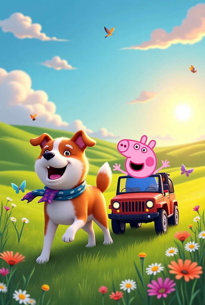 A cheerful Akita dog, with a glossy coat of warm caramel and white fur, joyfully navigates a vibrant grassland while playfully wearing a colorful scarf around its neck. Beside it, the beloved character Peppa Pig, with her signature pink hue and gleeful expression, sits comfortably in a stylish, small off-road vehicle, her arms raised in excitement as they soar across the open prairie. The expansive background features rolling green hills kissed by the golden light of a setting sun, while fluffy clouds drift lazily across a brilliant blue sky, creating a whimsical, adventurous atmosphere. The composition captures both characters in the foreground, surrounded by wildflowers that dance in the gentle breeze, drawing attention to this delightful road trip among nature. The scene is rendered in a bright, cartoonish style, adding a sense of joy and lightheartedness, with charming details like butterflies fluttering nearby and birds soaring above, emphasizing the beauty of their journey together.