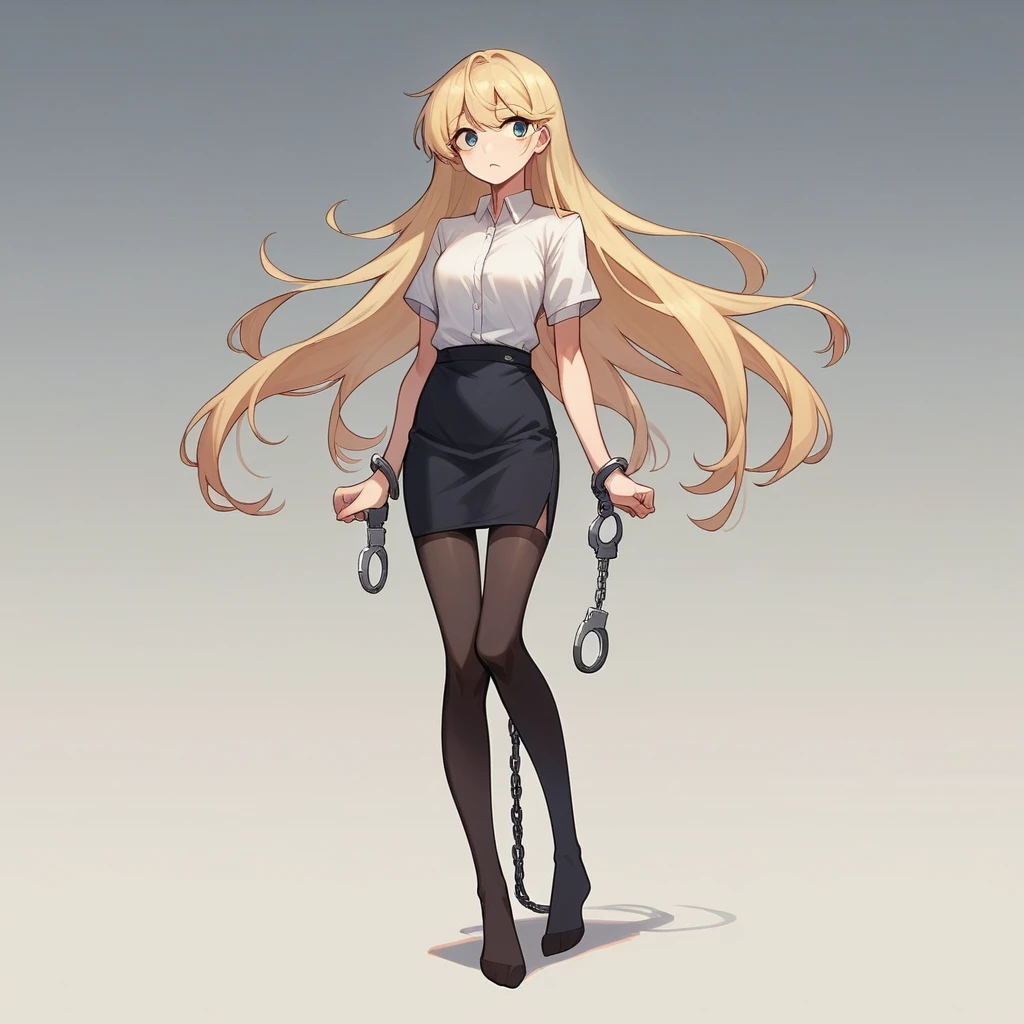 black pencil skirt,White shirt with rolled up sleeves,Put your hands behind your back,restraints,Chain the body, blonde hair, Very long hair, straight hair, Cute, Slim body, thin legs, Black thigh high stockings, Nylon stockings, Hands in handcuffs, amrs togather, masochistic, full body